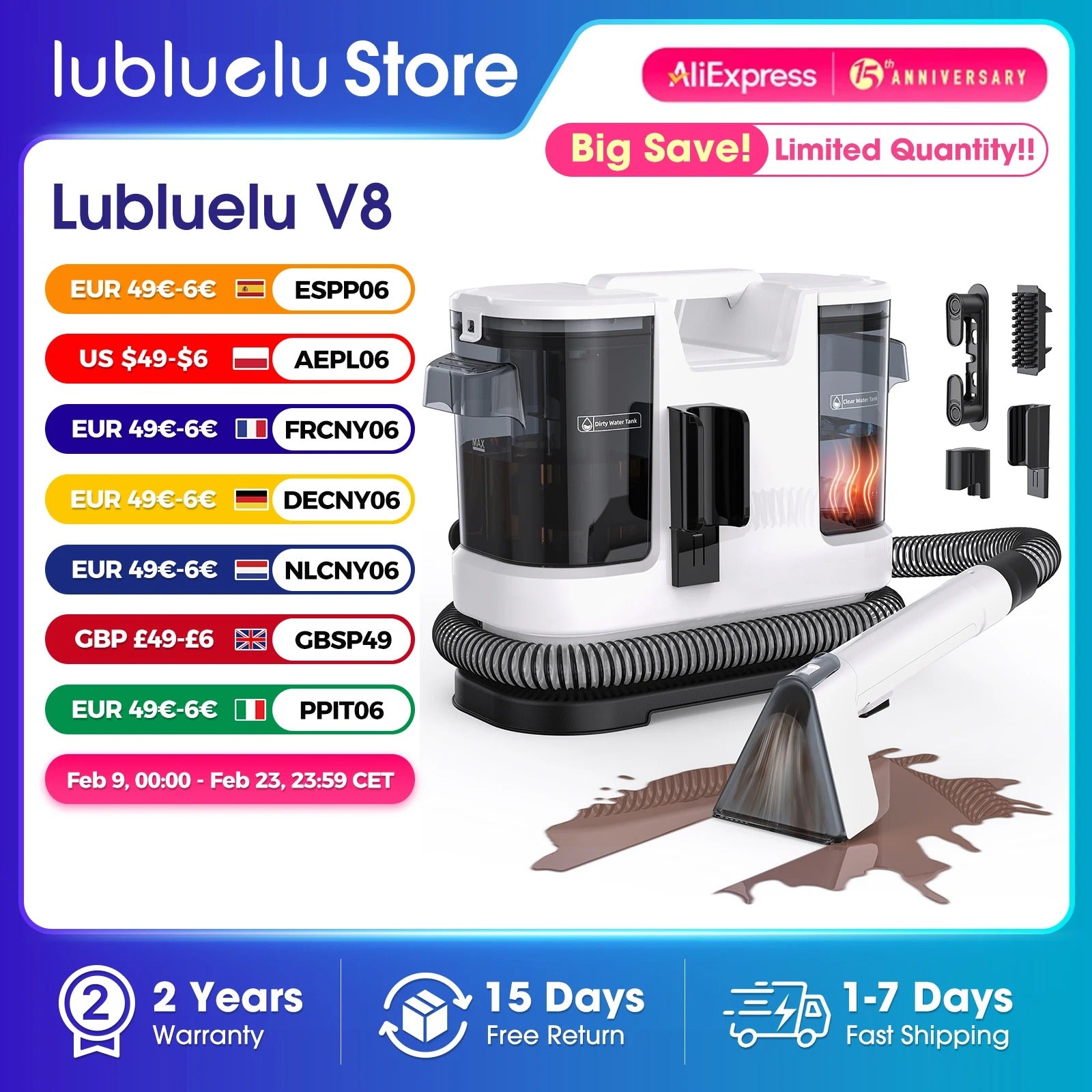 Lubluelu V8 800W Hot Water Carpet Cleaner